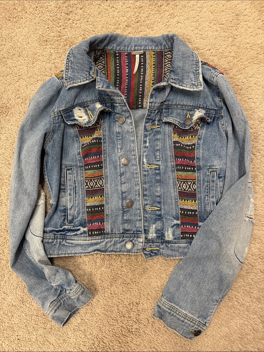 Free People Light Blue Denim Jacket with Multicolor Aztec Panels